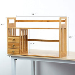 Bamboo Desktop Bookshelf Counter with 3 Drawers Organized Work Space