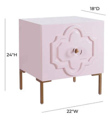 Pink Lacquer Side Table Carved Door, Lucite Knob, and Brass Legs Perfect for Organize