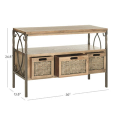 Antiuque Pewter 36'' Solid Wood Console Table Extra Shelf and Three Roomy Drawers with Woven Wicker Fronts