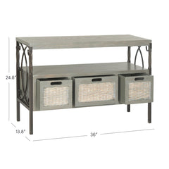 French Gray 36'' Solid Wood Console Table Extra Shelf and Three Roomy Drawers with Woven Wicker Front