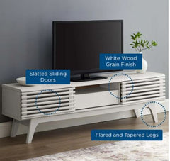 Espoo Mid-century Modern TV Stand - White Two Slatted Sliding Doors, A Center Drawer, and Open Shelf for Easy Organization