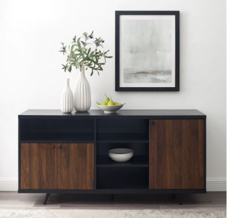 60-inch Asymmetrical Sideboard Open Shelving, Two Cabinet Doors, A Sliding Door and A Reversible, Removable Diagonal Wine Bottle Shelf