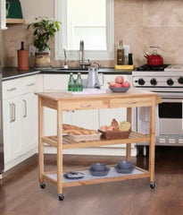 42" Kitchen Trolley Cart Rolling Island Utility Serving Cart with 2 Drawers and 3-Tier Shelf Pine Wood Add A Modern Natural Touch to your Living Space