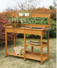 Potting Bench - Light Oak Get your Gardening Supplies Organized with this Deluxe Potting Bench Drawer and Open Shelves To Meet your Storage Needs