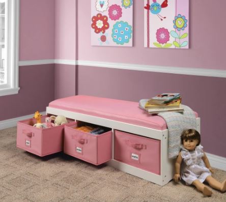 Kid's Storage Bench with Cushion and Three Bins - Pink/White Organization Stow Away Toys