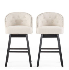 Set of 2 Beige Swivel Bar Stools Button-Tufted Nailhead Trim Bucket Seat