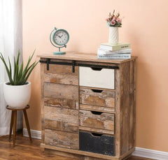 Rustic Sliding One Door Wood Cabinet Plank Style Iron Hardware Accents Natural and Rustic