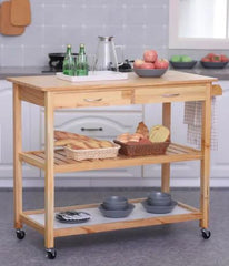 42" Kitchen Trolley Cart Rolling Island Utility Serving Cart with 2 Drawers and 3-Tier Shelf Pine Wood Add A Modern Natural Touch to your Living Space