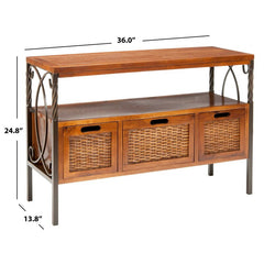 Brown 36'' Solid Wood Console Table Extra Shelf and Three Roomy Drawers with Woven Wicker Fronts