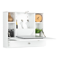 Wall-mounted Floating Laptop Desk - White 3 Hanging Hooks 4 Open Shelves