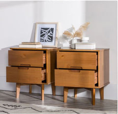 Mid-Century Solid Wood 2-Drawer Nightstand, Set of 2 - Caramel Complete your Bedroom Decor with this Set of Two-Drawer Nightstands