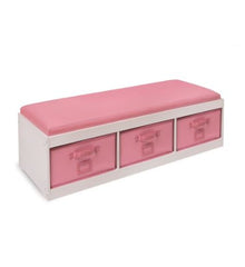 Kid's Storage Bench with Cushion and Three Bins - Pink/White Organization Stow Away Toys