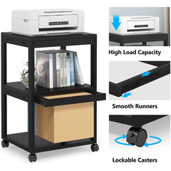 3- Tier Mobile Printer Stand, Rolling File Cabinet with Wheels Offer Large Storage Space for Printer, Scanner or Files, Book