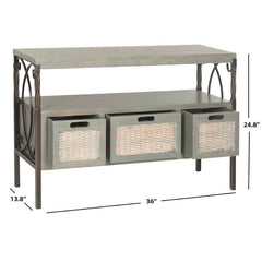 French Gray 36'' Solid Wood Console Table Extra Shelf and Three Roomy Drawers with Woven Wicker Front