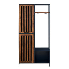 72-Inch Slat Door Hall Tree - Black / Rustic Oak Perfect for Any Room