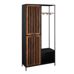 72-Inch Slat Door Hall Tree - Black / Rustic Oak Perfect for Any Room