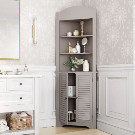 Corner Etagere Taupe Three Shelves Display your Mementos Lower Cabinet Provides Concealed Storage