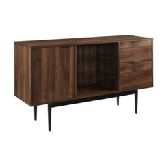 52-inch Modern Sideboard - Dark Walnut Open, Adjustable Tempered Glass Shelving, One Cabinet Door, Two Drawers