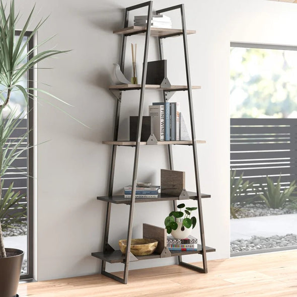 Edgerton 71.85'' H x 31.73'' W Metal Ladder Bookcase  Its A-shaped steel frame pairs with manufactured wood elements for an industrial