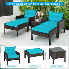 5 Pieces Patio Rattan Sofa Ottoman Furniture Set with Cushions