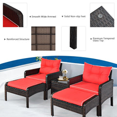 5 Pieces Patio Rattan Sofa Ottoman Furniture Set with Cushions