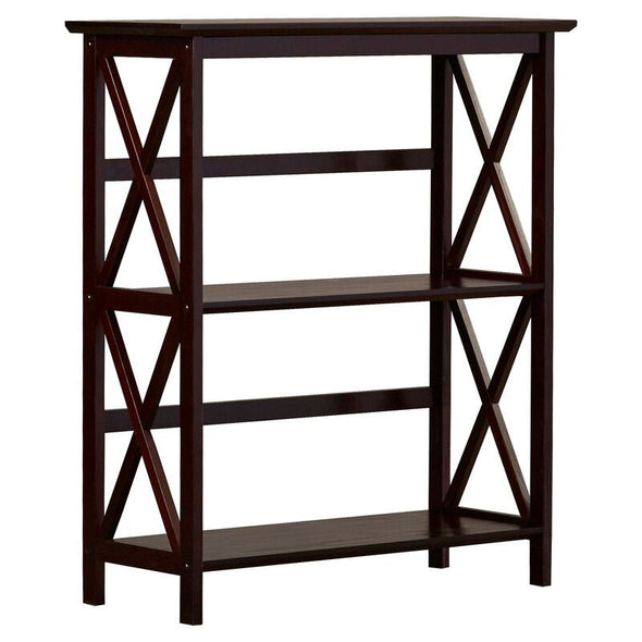 Espresso Wood Etagere Bookcase Two Shelves, X-Frame Side Braces, and an Open Back Design. For a Classic Arrangement in your Living Room