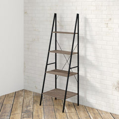 Weathered Gray Steel Ladder Bookcase Open Silhouette Decor Objects and Knickknacks Wood Shelves