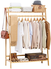 Bamboo Garment Coat Clothes Hanging Heavy Duty Rack with top Shelf and Shoe Clothing Storage Organizer Shelves