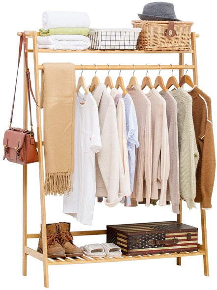 Bamboo Garment Coat Clothes Hanging Heavy Duty Rack with top Shelf and Shoe Clothing Storage Organizer Shelves