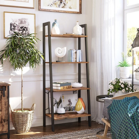 Rustic Brown Steel Etagere Bookcase Four Open Shelves Provide Plenty of Space to Store Perfect for Storing any Items