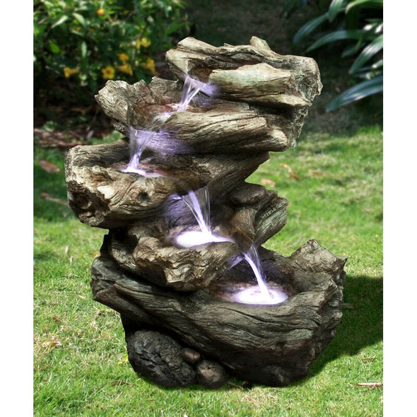 Resin Decorative 4 Level Log Fountain with LED Light Multi Level Fountain Features Portions of Logs