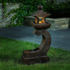 Resin Pagoda Fountain with Light Meditative Casis in your Garden or Patio with the Cascading Water Music