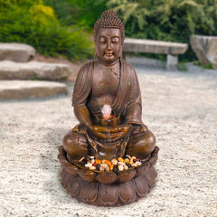 Fiberglass Outdoor Meditating Buddha Fountain with Light Keep Water Flowing Great in Your Yard or Garden, or Placed On Your Deck or Porch