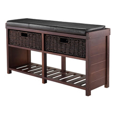 Winsome Wood Colin Storage Bench, Seat Cushion & 2 Foldable Chocolate Corn Husk Baskets, Cappuccino Finish