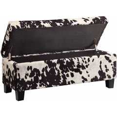 Azteca Cow Hide Print Storage Bench, Black Cow