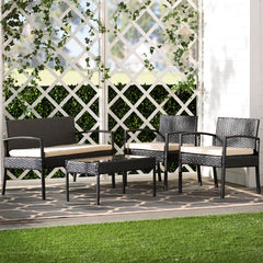 Off-White/Ivory 4 Person Seating Group with Cushions Your Outdoor Hangout Space Our-Piece Patio Conversation Set Rectangular Coffee Table