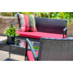 Bright Red 4 Person Seating Group with Cushions Update Your Outdoor Hangout Space Our-Piece Patio Conversation Set Rectangular Coffee Table