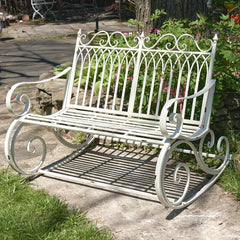 Antique White Outdoor Rocking Metal Bench Perfect For Any Outdoor Space, Patio, Or Garden