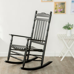 Black Outdoor Rocking Solid Wood Chair Curved Seating Slates, and Armrest for Your Seating Comfort