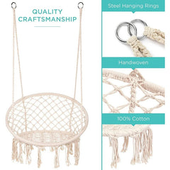 Macrame Cotton Porch Swing Hanging Cotton Rope Swing Chair, Comfortable Hanging Chairs for Indoor, Outdoor, Home, Patio, Yard