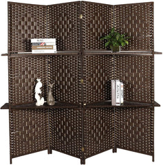 4 Panels Room Screen Divider Hand-Woven Design Room Divider 6 Ft High Fiber Freestanding Privacy Wooden Removable Shelves Screen, Brown