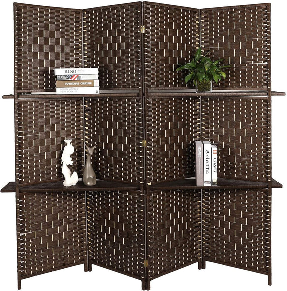 4 Panels Room Screen Divider Hand-Woven Design Room Divider 6 Ft High Fiber Freestanding Privacy Wooden Removable Shelves Screen, Brown