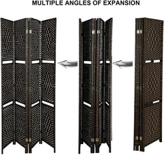 4 Panels Room Screen Divider Hand-Woven Design Room Divider 6 Ft High Fiber Freestanding Privacy Wooden Removable Shelves Screen, Brown