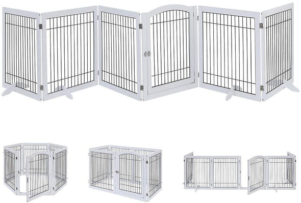 6 Panels Extra Wide Freestanding Walk Through Dog Gate with 4 Support Feet, Pet Playpen, Foldable Stairs Barrier Pet Exercise Pen for Dogs