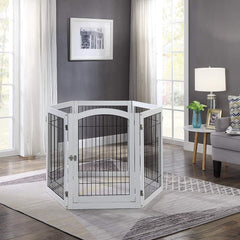 6 Panels Extra Wide Freestanding Walk Through Dog Gate with 4 Support Feet, Pet Playpen, Foldable Stairs Barrier Pet Exercise Pen for Dogs