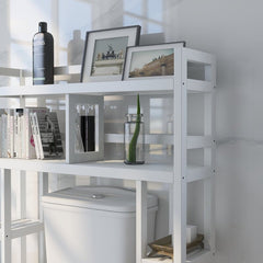 Solid Wood Over The Toilet Storage Freestanding Piece Features Six Smaller Side Shelves and Two Wider Upper Shelves