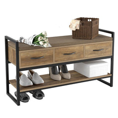 Rustic Brown 5 Pair Shoe Storage Bench Great Your Entryway 4 to 5 Pairs of Shoes Removable and Washable. Three Pull-Out Drawers Organize