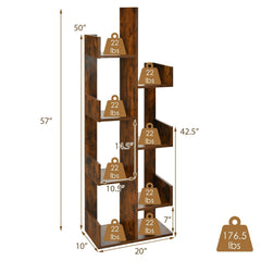 8-Shelf Industrial Tree-Shaped Bookshelf with Anti-Toppling Fitting