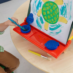 Tabletop Double Sided Board Easel 4 Sealable, Spill-Proof Paint Cups Chalkboard Has a Dry Erase Surface. A Standard Size Roll of Art Paper