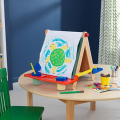 Tabletop Double Sided Board Easel 4 Sealable, Spill-Proof Paint Cups Chalkboard Has a Dry Erase Surface. A Standard Size Roll of Art Paper